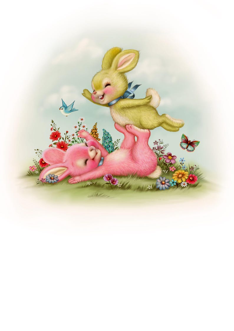Lámina artística "Conejitos Felices": Ilustración infantil firmada de estilo vintage imagen 2