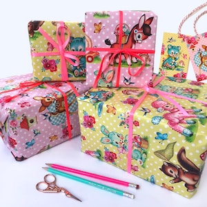 2 sheets vintage animal wrapping paper with gift tags, pink and yellow animal quality gift wrap, retro animal gift wrap, bambi gift wrap