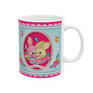 Retro Happy Bunnies Mug, Cute Bunny Coffee Cup, Vintage Rabbit Tea Mug, Easter Gift, Ceramic Mug 11oz 15oz