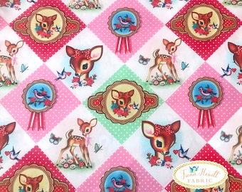 Diamond Deer cotton style fabric 0.5M x 1.42M by Fiona Hewitt fabric vintage bambi fabric, kitsch happy deer fabric