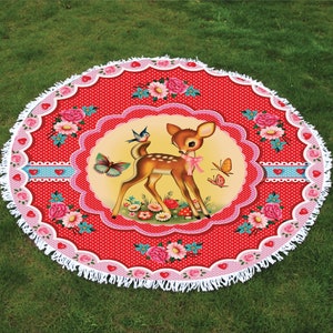 Sweet Deer Round Tassel Beach Towel 150cm diametre joyful retro kitsch bambi vintage round picnic blanket/throw roundie towel