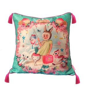 Bunny Girl Cushion with tassels (cover only), 45cm x 45cm, bunnies, Asian, Kitsch, retro, 50's style, Fiona Hewitt