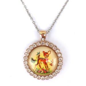 rhinestone bambi necklace with deer theme cabochon, cute bambi theme necklace vintage cute jewellery