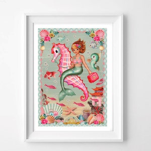 Mermaid signed print, A4 vintage asian style, retro, Kitsch, underwater, octopus, cute fish, Fiona Hewitt mermaid, print only
