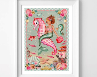 May include: A mermaid riding a pink seahorse with a turquoise tail, holding a red and white suitcase. The background is a turquoise blue with pink and white seashells, coral, and fish.