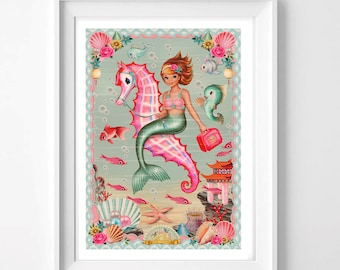 Mermaid signed print, A4 vintage asian style, retro, Kitsch, underwater, octopus, cute fish, Fiona Hewitt mermaid, print only