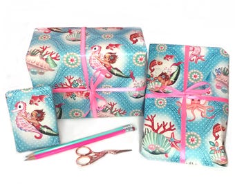 2 sheets vintage mermaid wrapping paper cute mermaid theme gift wrap, retro mermaid  gift wrap,