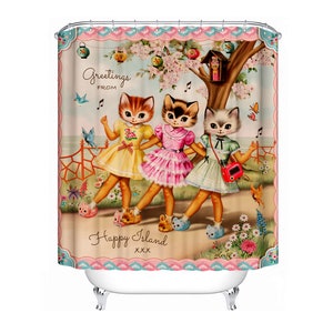 Happy Cats Shower Curtain cute kitty shower curtain, retro dancing cats 180cm x180cm