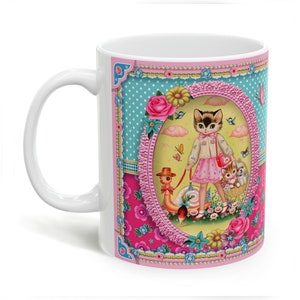 Kitty and friends 11oz ceramic mug, vintage style cute kitty ceramic mug image 1