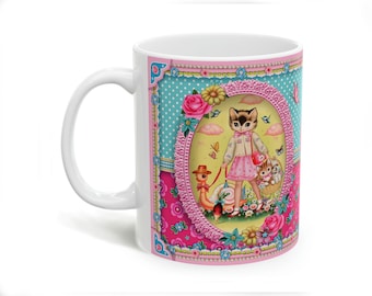 Kitty and friends 11oz ceramic mug, vintage style cute kitty ceramic mug