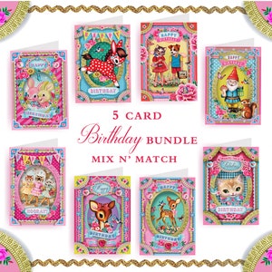 Lot de 5 cartes d'anniversaire, bambi, minou, poney, gnome et chien, mélanger et assortir des cartes d'anniversaire animal de style vintage, cartes d'animaux kawaii