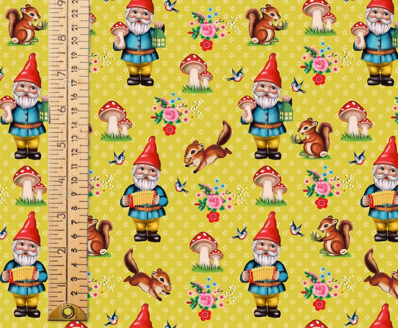 Yellow Gnome fabric 0.5M x 1.48M vintage garden gnomes kitsch retro gmomes material Fiona Hewitt fabric image 2