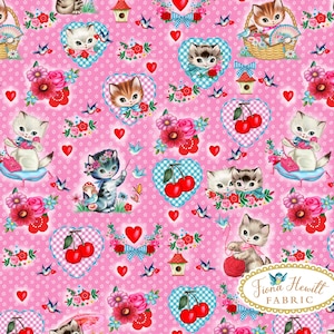 Kitsch Kitties & Cherries Fabric: retro cute kawaii cotton like polyester fabric