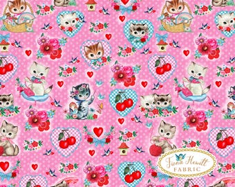 Kitsch Kitties & Cherries Fabric: retro cute kawaii cotton like polyester fabric