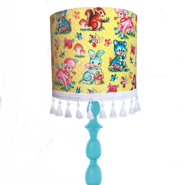 Yellow Happy Animals, 20cm lampshade. tassel lampshade, fiona hewitt lampshade