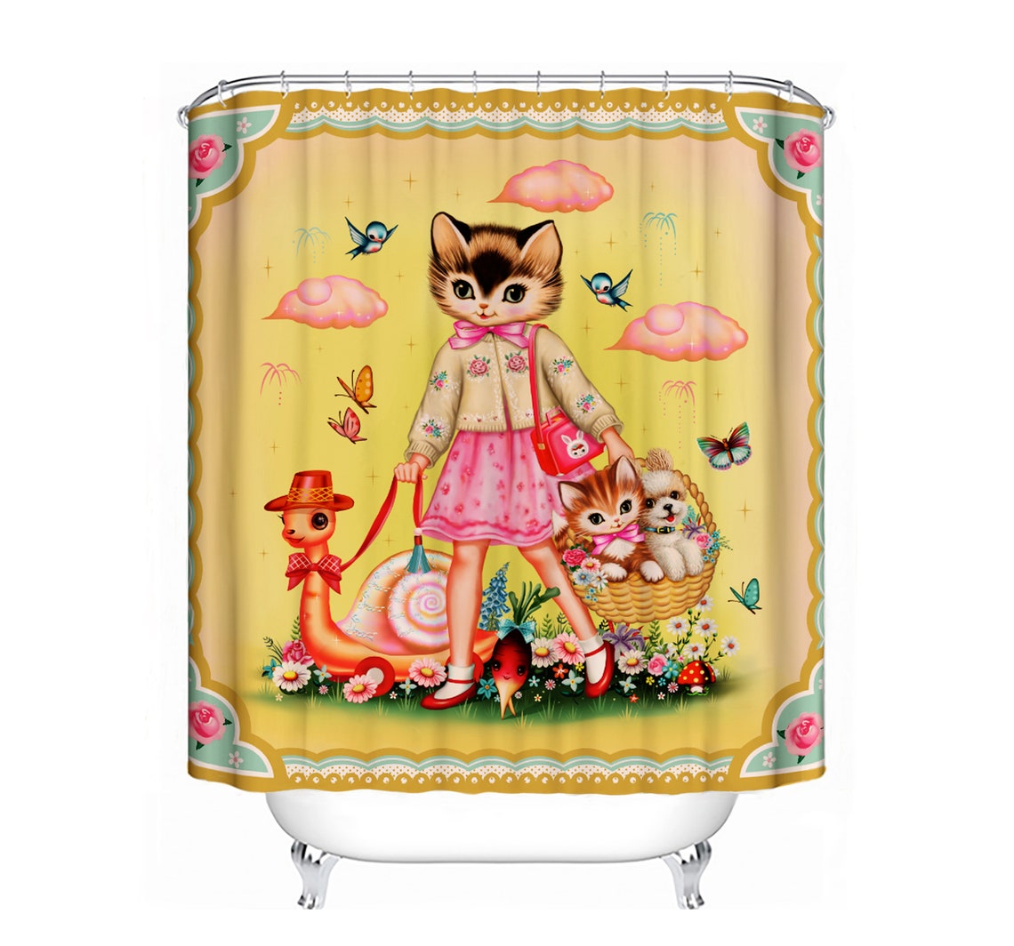 Cat and Friends Shower Curtain Cute Kitty With Friends Vintage Etsy