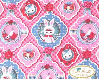 May include: Pink fabric with a repeating pattern of white and blue frames. Each frame contains a different image, including a white rabbit, a white bird, and a cat. The fabric also has a pink and white star pattern. The text "Fiona Hewitt FABRIC" is in the bottom right corner.
