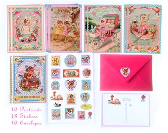 22 Piece Postcard sticker set, 10 postcards with 18 stickers and 10 envelopes, cute stamp stickers