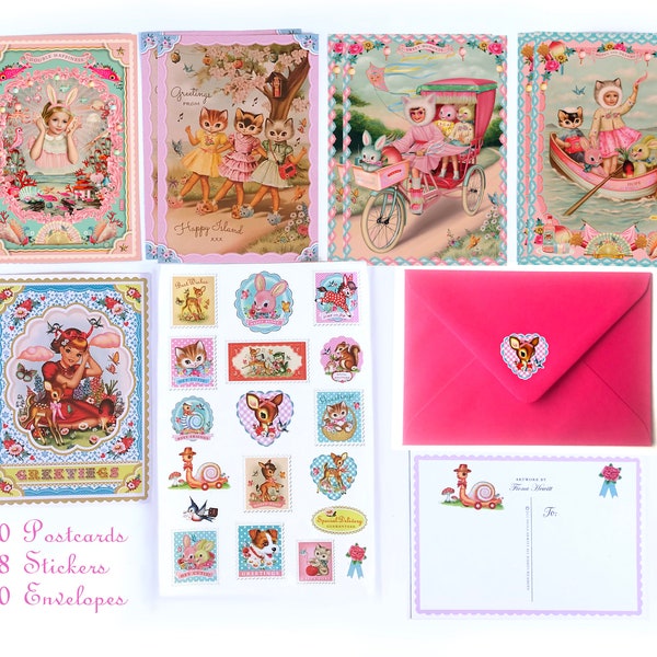 22 Piece Postcard sticker set, 10 postcards with 18 stickers and 10 envelopes, cute stamp stickers