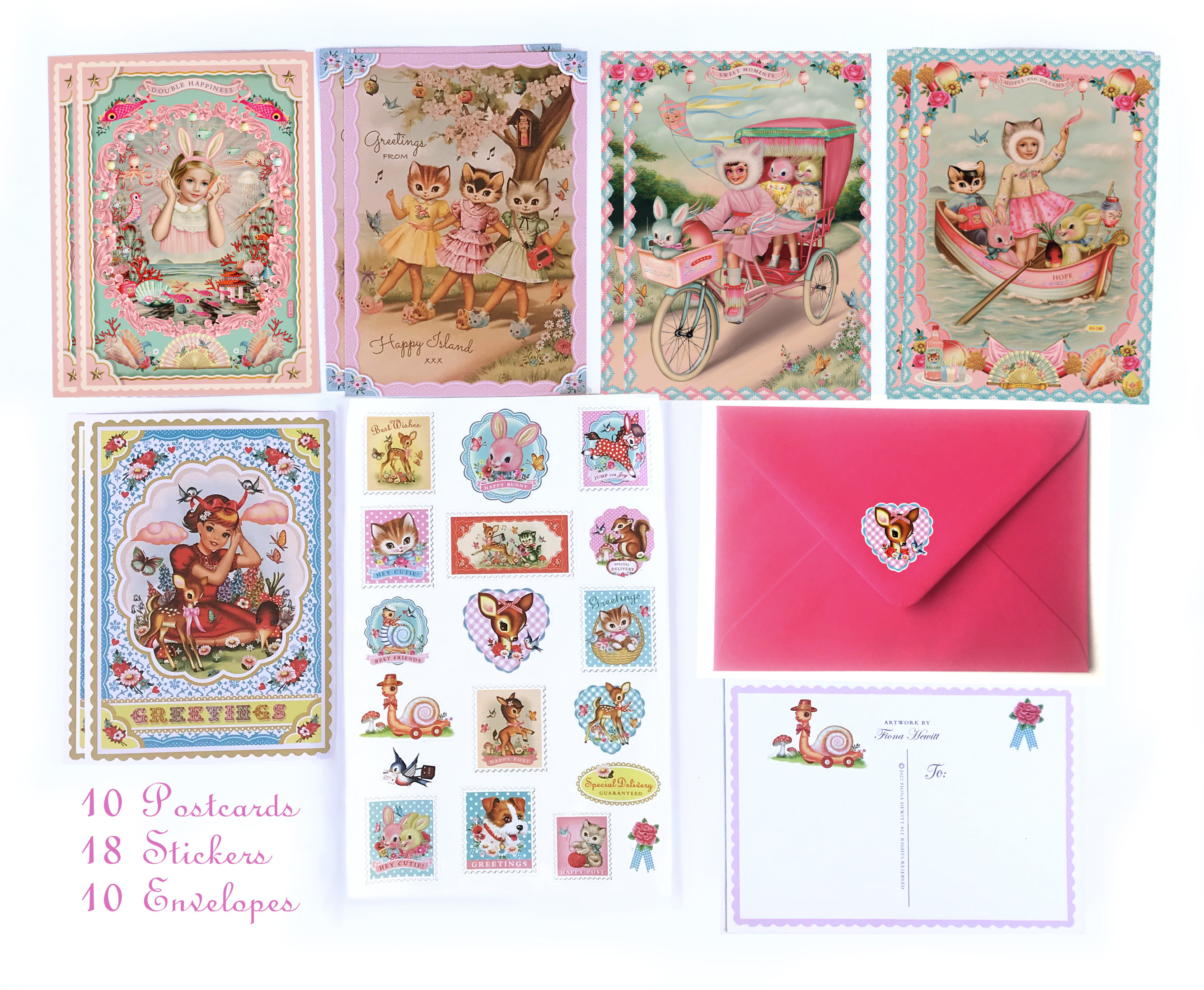 22 Piece Postcard Sticker Set, 10 Postcards With 18 Stickers and
