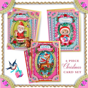 Ensemble de 6 cartes de Noël, bambi, kitty et gnome, mélangez et assortissez les cartes de Noël kitsch, cartes de fête, Noël vintage de chat de cerf