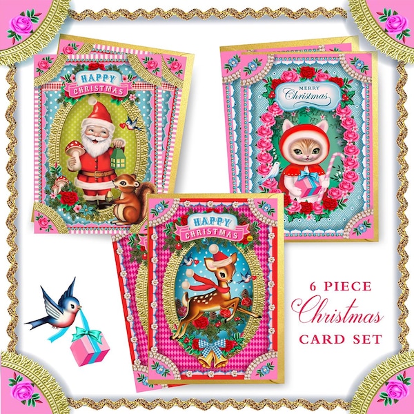 Kitsch Christmas Card Set: Vintage Deer, Kitty, Gnome (6 Cards)