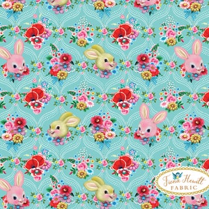 Turquoise Bunny Fabric: Fiona Hewitt Retro Kitsch polyester cotton style fabric