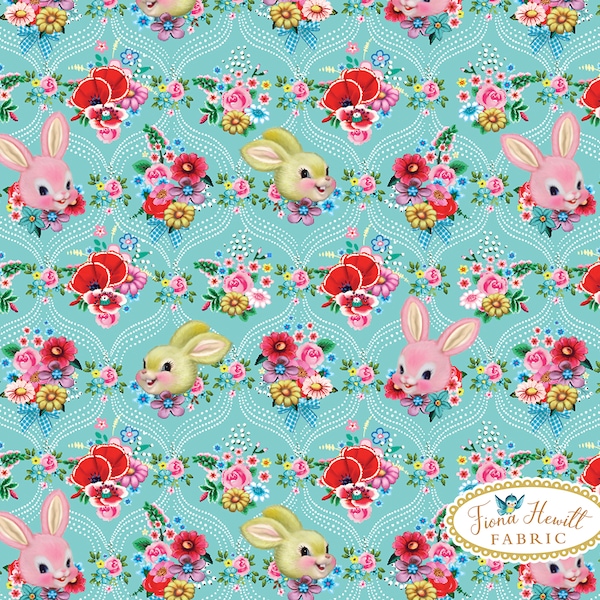 Tissu Happy Bunnies turquoise 0.5M x 1.48M par Fiona Hewitt lapins rétro kitsch happy bunnies