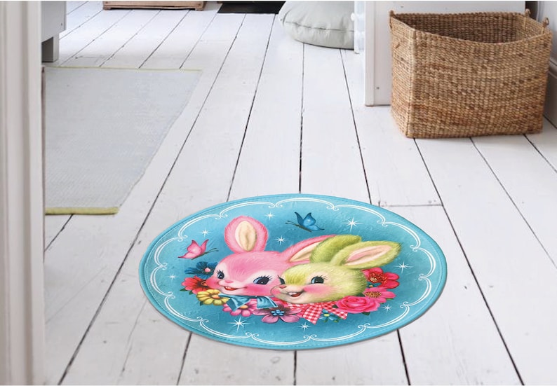 Happy Bunnies Decorative Floor Mat Vintage Style Rabbit Bath Etsy UK