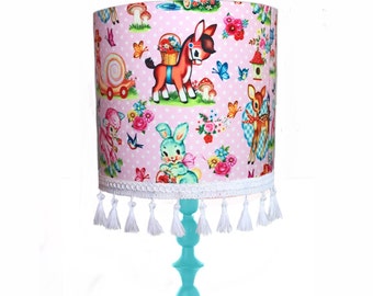 Pink Happy Animals, 20cm lampshade. tassel lampshade, fiona hewitt lampshade