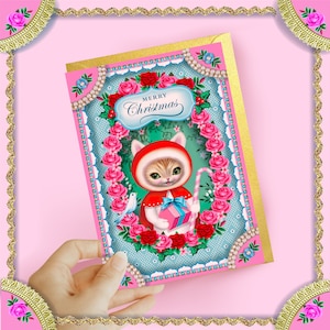 Carte de Noël de chat mignon, carte de Noël de chat mignon, carte de chat festive, carte 5 « x 7 », Noël kitsch kitsch