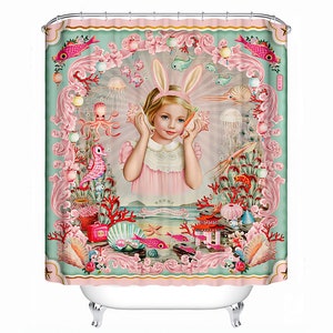 Double Happiness Shower Curtain vintage, asian, pop-surreal, bunny ears girl shower curtain by Fiona Hewitt 180cm x180cm