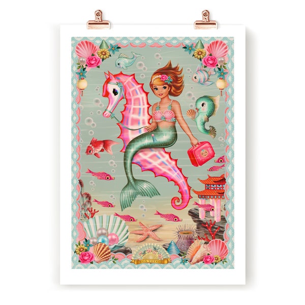 Mermaid signed print, A3 vintage asian style, retro, Kitsch, underwater, octopus, cute fish, Fiona Hewitt mermaid, print only