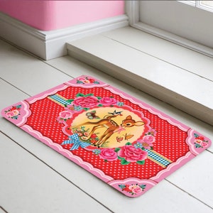 sweet bambi floor mat, 80 x 50cm kitsch deer rug, retro style, kids room rug, kitchen mat, bedroom mat, bath mat, deer theme rug