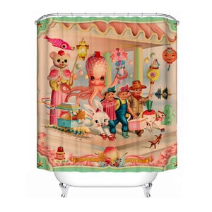 Kingdom of Joy Shower Curtain vintage Asian kitsch by Fiona Hewitt 180cm x180cm