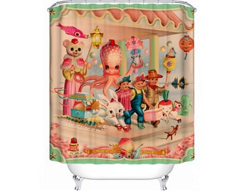 Duschdraperi Kingdom of Joy, vintage asiatisk kitsch av Fiona Hewitt, 180 cm x 180 cm