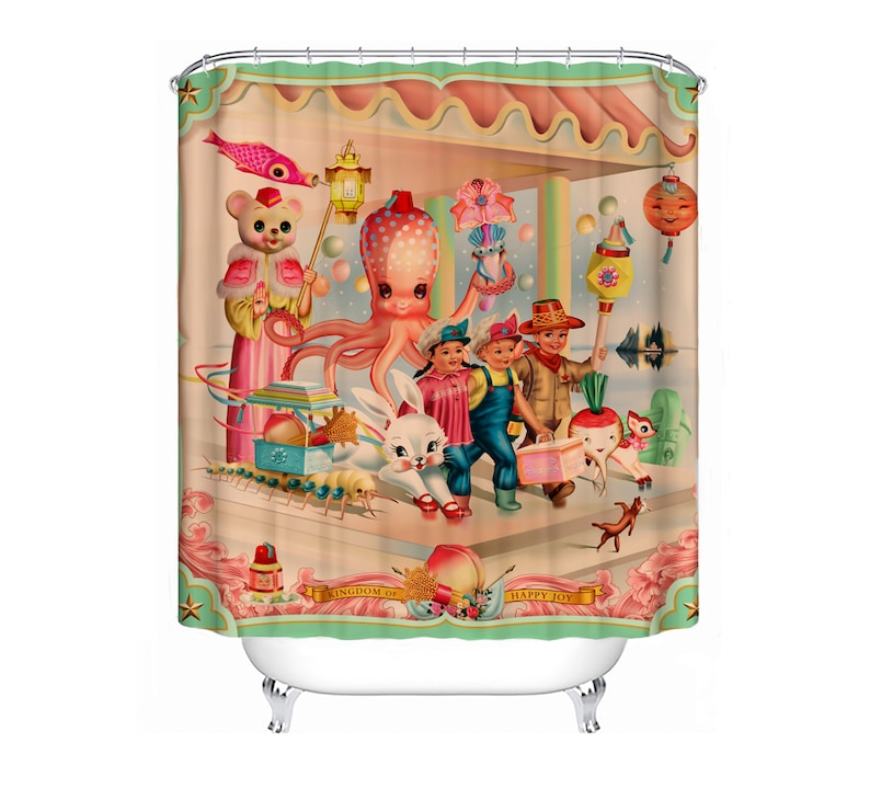 Kingdom of Joy Shower Curtain vintage Asian kitsch by Fiona Hewitt 180cm x180cm image 1