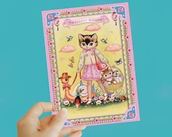 Adorable kitty birthday card, cute kitty birthday, cat lover card, sweet retro  birthday card