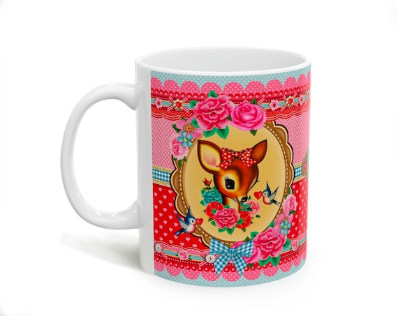 Cute Bambi mug 11oz ceramic mug, vintage style cute deer ceramic mug
