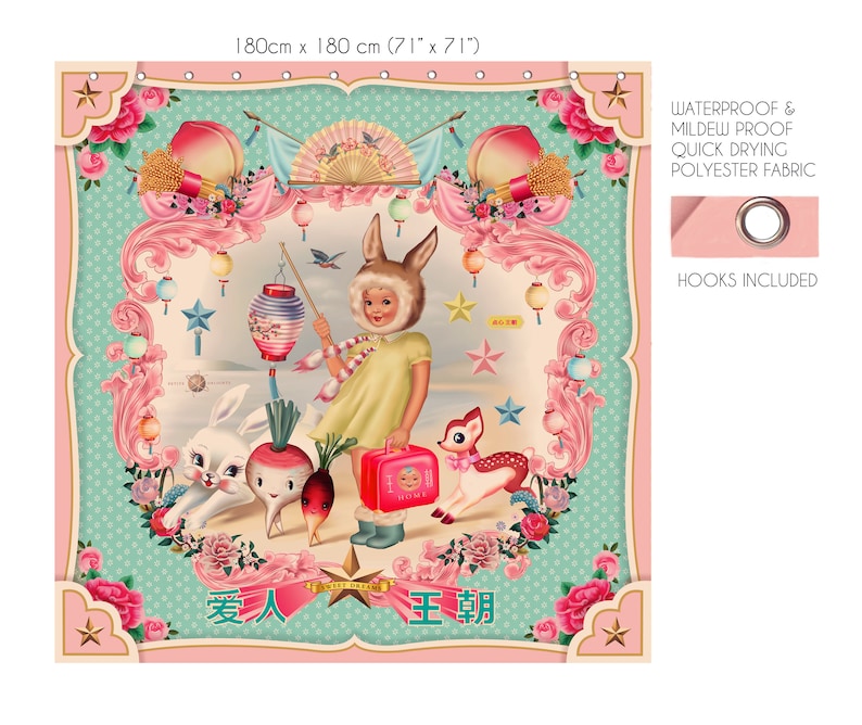 Duschdraperi med vintage-motiv av kaninflicka: Popsurrealistisk asiatisk stil bild 2