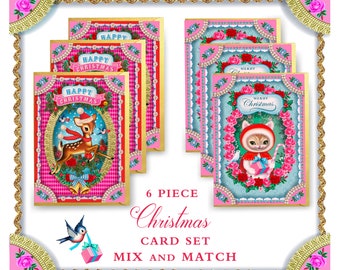 Kerstkaartenset van 6 kaarten, bambi en kitty kaartenset, mix en match kitsch kerstkaarten, feestelijke kaarten, vrolijke groeten