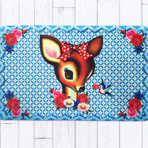 Deer floor mat, 80 x 50cm kitsch deer, retro style, kids room, kitchen mat, bedroom mat, bath mat, soft rug, Fiona Hewitt