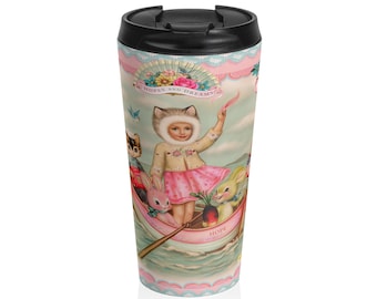 Boat of Hope Travel Mug: Stainless Steel Coffee Cup, Nostalgic Asian Design
