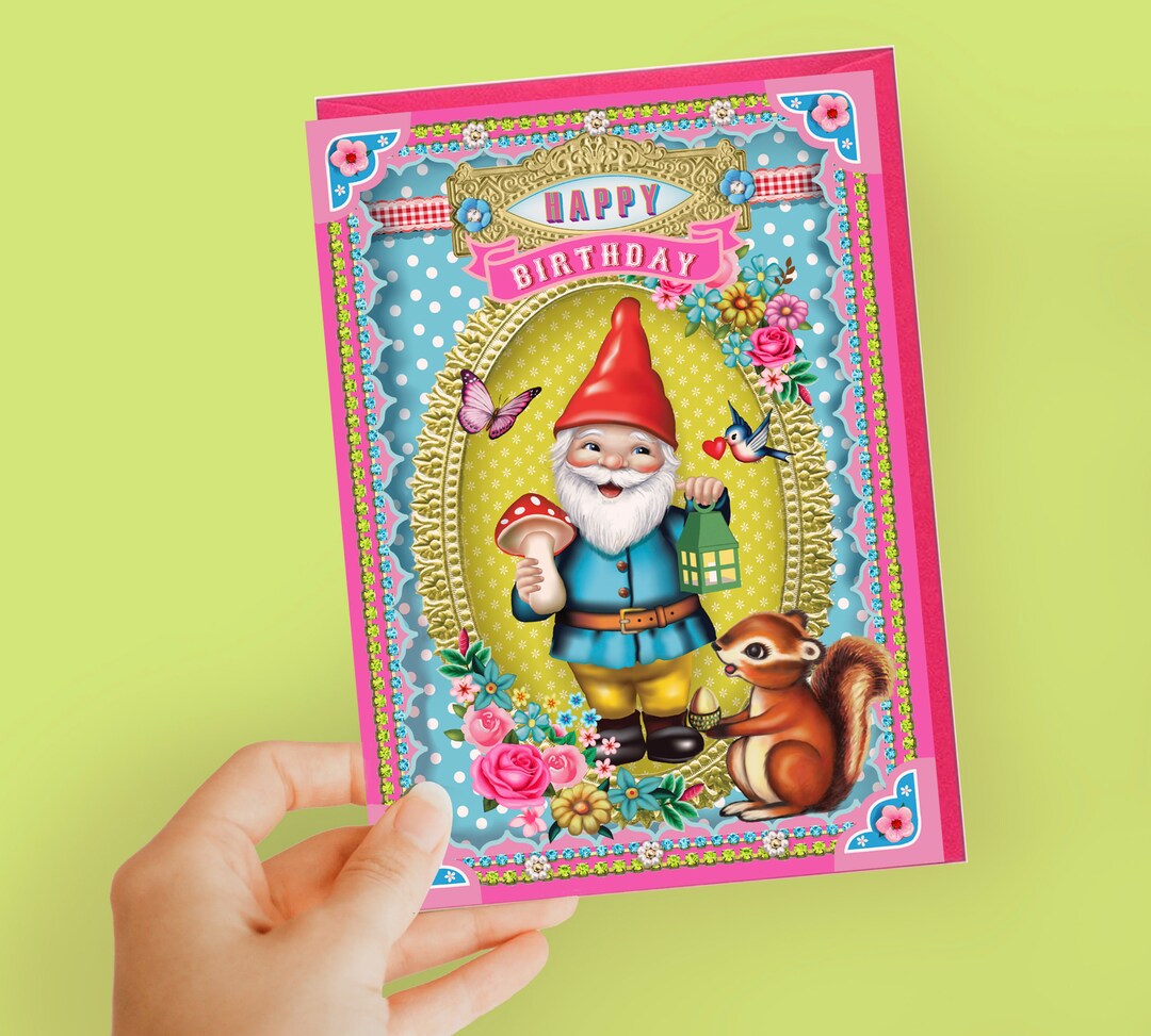 Cute Gnome Birthday Card, Retro Gnome Theme Birthday Greeting Card, 5x7