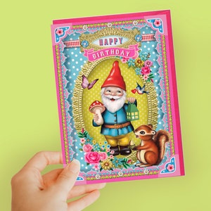 Carte d’anniversaire mignonne de gnome, carte de voeux d’anniversaire de thème de gnome rétro, carte 5"x7 »