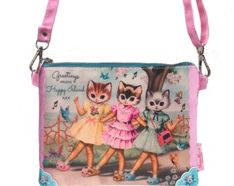 Dancing Cats Cross Body bag with adjustable straps. Festival bag Party bag love cats bag Kitsch cat bag