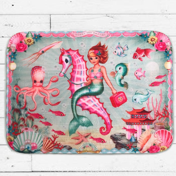 Mermaid floor mat, 70cm x 50cm, vintage style mermaid bath mat, mermaid rug for bedroom, nursery or bathroom mat