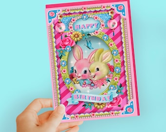 happy Bunnies birthday card, bunny birthday card, cute bunny brthday card, kawaii bunny card