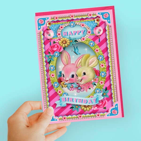 happy Bunnies birthday card, bunny birthday card, cute bunny brthday card, kawaii bunny card