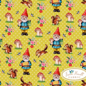 Yellow Gnome fabric 0.5M x 1.48M vintage garden gnomes kitsch retro gmomes material Fiona Hewitt fabric image 1